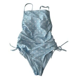 Wild Fable Light Blue Polka Dot Ruched One Piece Swimsuit Women XXS High Neck